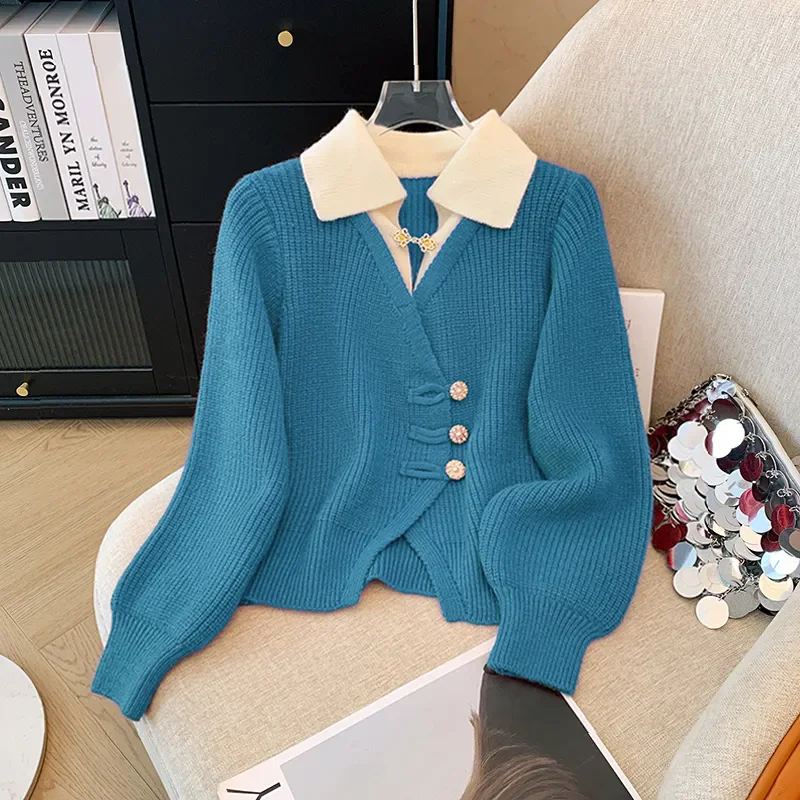 2025 Autumn Winter New Splicing Fake Two Pieces Knitted Cardigan Sweater Women Jacket Fashion Knitwear Loose Ladies Tops B693