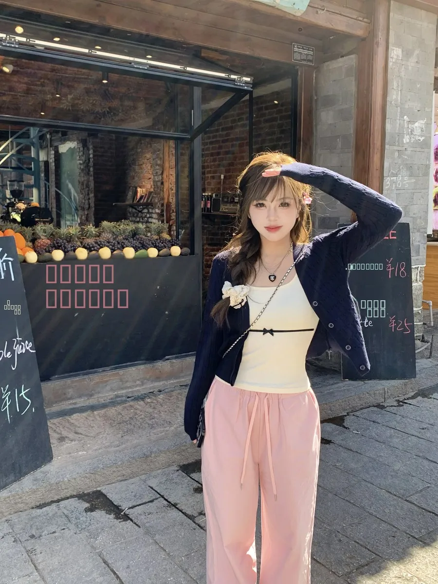 

Summer Navy Knitted Vest Inner Wear Strap Top Women's Faion Commute Sle Slim Fit Long Sve Button Closure Color