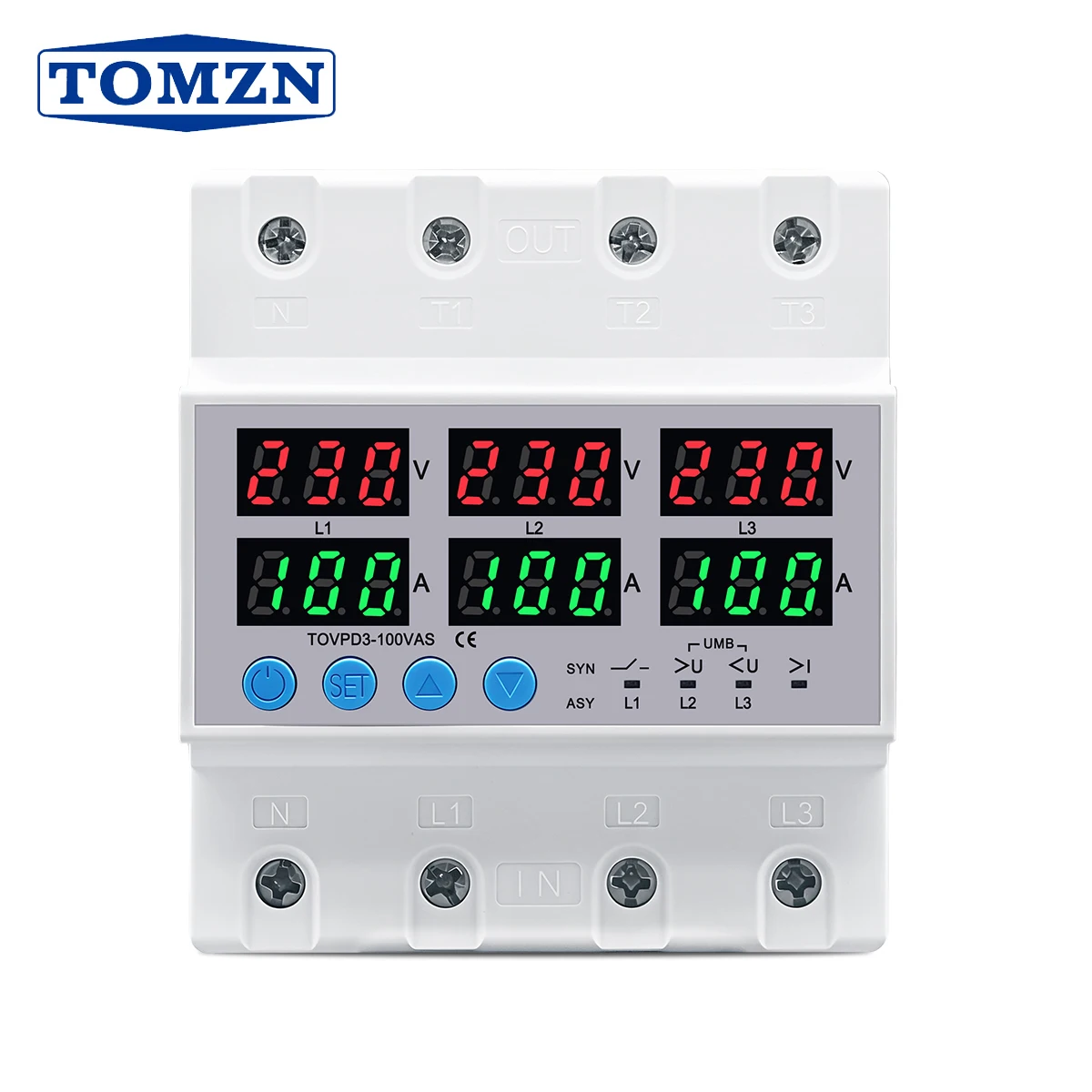 3 Phase 100A Din Rail Adjustable Over Under Voltage Current Limit Protection Relay Protector SYN ASYNC Synchronous Asynchronous