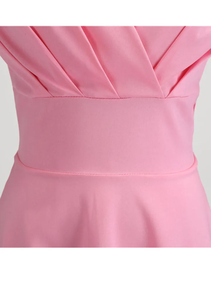 Vestido de Verano Rosa para Mujer, Escote en V, Estilo Vintage, Elegante Retro para Fiesta y Oficina, Largo Midi 6
