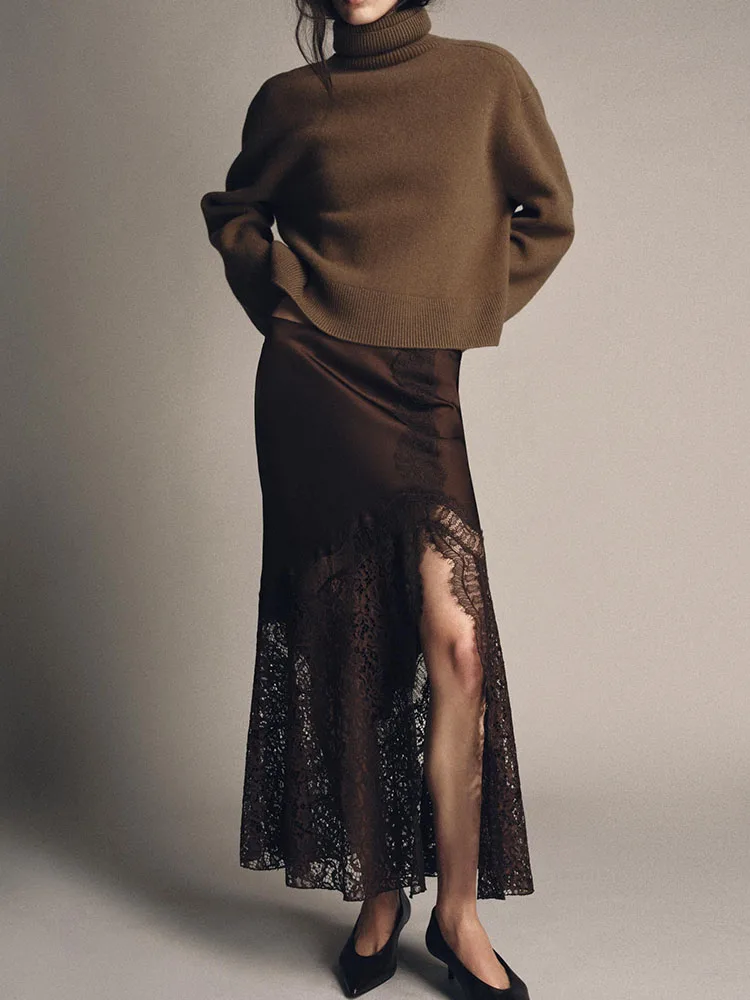 High-End Women's Silk Satin Long Dr with Lace Trim Winter New Arrival Ele Ethnic Stage Costume Premium Quali