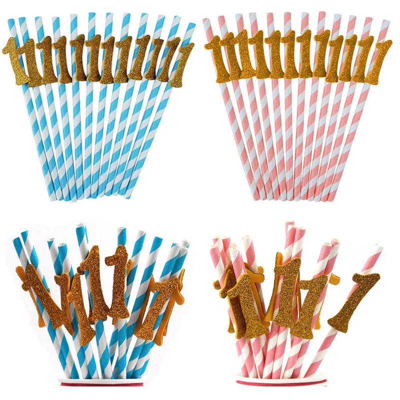 12/24Pcs Number 1 Straws Blue Pink Striped Paper Disposable Tableware Boy Girl 1st First Birthday Party Decor Baby Shower Supply