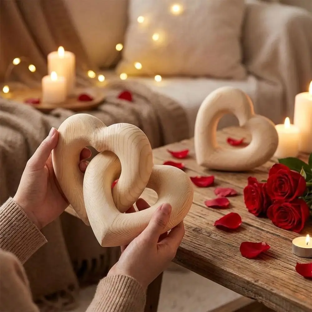 Handmade Wooden Hearts Knot Ornaments Romantic Anti-Scratch Interlocked Double Heart Chain Natural Rustic Farmhouse