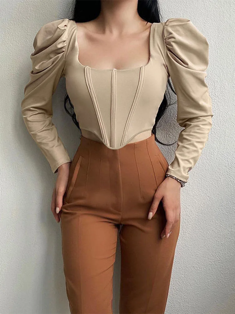 French Style Women Square Collar Irregular Crop Top Elegant Long Sleeve Solid Slim T-Shirt Lady Sexy Girdle Pullover Short Tee