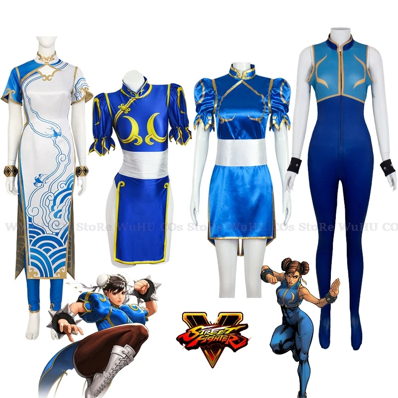 

Chun Li Cosplay Dress Costume Game SF Chunli Role Play Blue Qipao Outfit Full Set Jackie Kung fu Halloween Party Suit For Fun