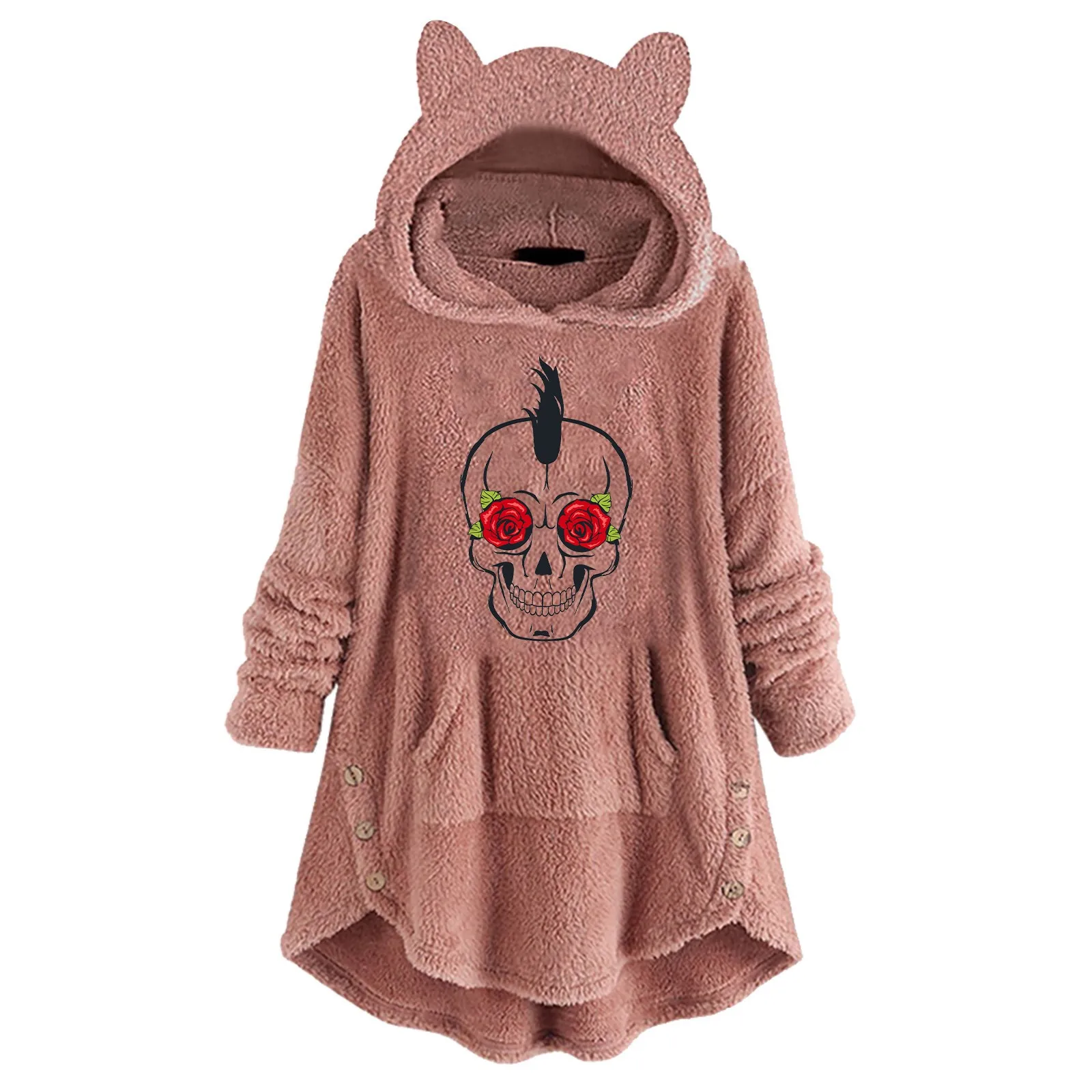 

Women's Long Sleeve Cat Ear Hat Hoodie Fleece Cute Print Top With Button Pocket Zip Up hoodies Hoodies For Women Autumn Hoodies