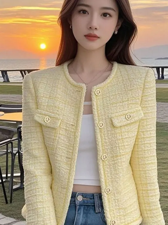 

Желтое женское модное зимнее пальто в корейском стиле, элегантный дизайн, на пуговицах, с круглым вырезом, длинными рукавами