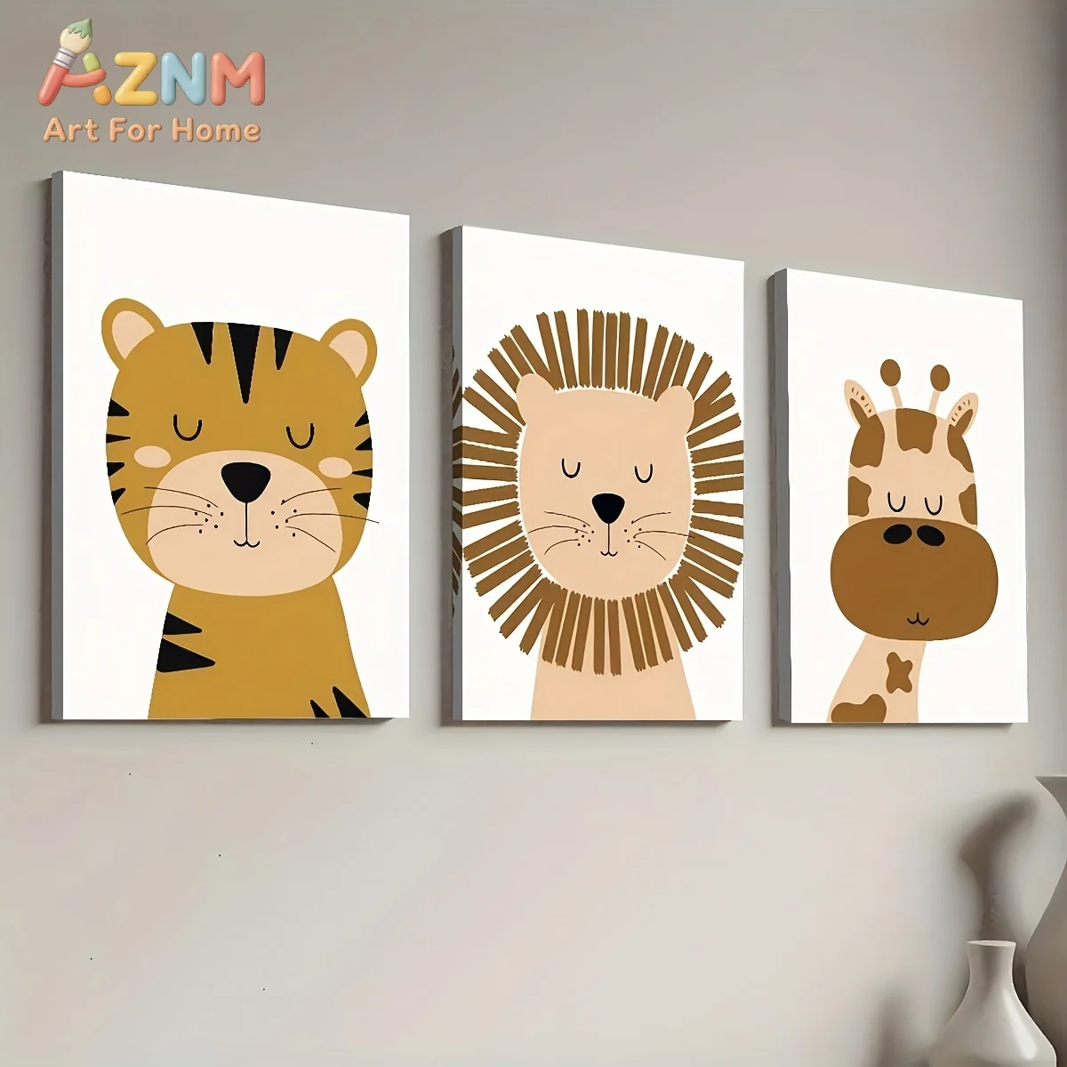 AZNM Safari Animal Canvas Wall Art Tiger Lion Giraffe Simple Cartoon Frameless Canvas Painting Nursery Kids Room Home Decor Post