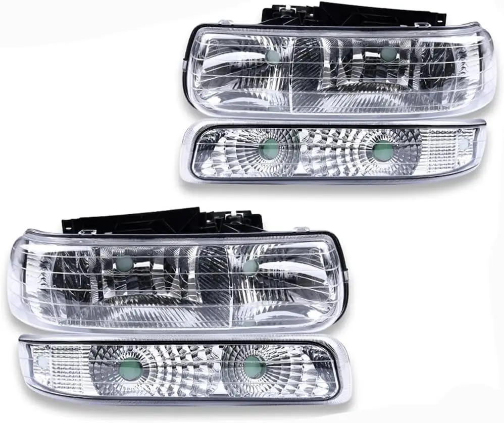 

Headlight Assembly Compatible with Chevy Silverado 1999-2002/ Suburban Tahoe 2000-2006, Clear Lens Chrome Housing Clear Reflecto