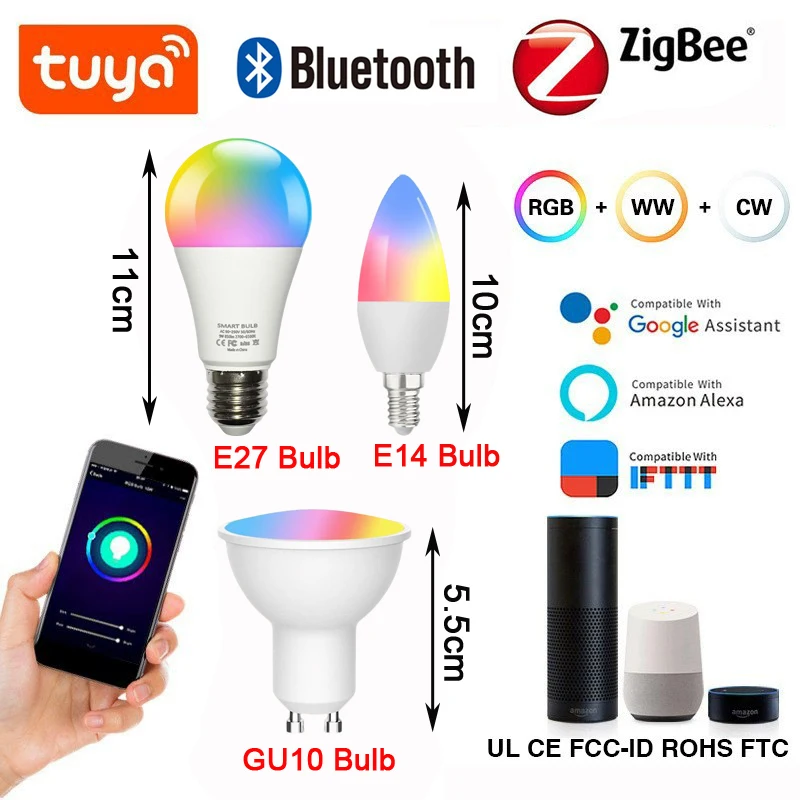 لمبة Tuya Wi-Fi الذكية الجديدة - RGB Zigbee Stepless Dimming & CCT قابلة للتعديل مع تطبيق Alexa Hue SmartThings - AC110V-220V