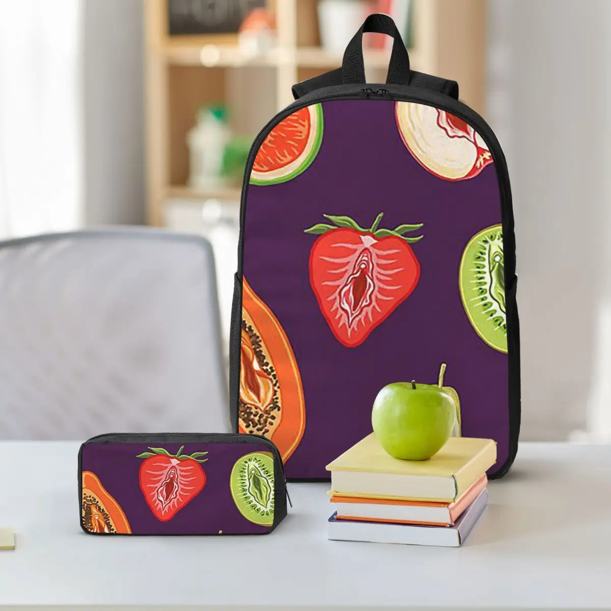 Sexy Vulva Fruits Backpack Student BookBag School Bag Shoulder Bags 3ps Insulated Lunch Bag Pencil Case