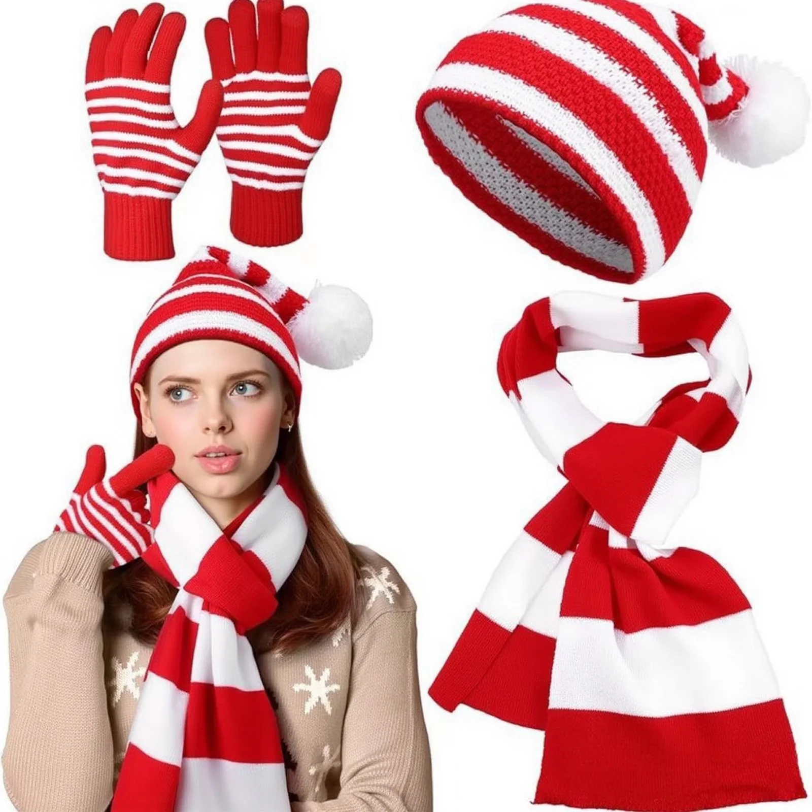 Ensemble chapeau et écharpe tricotés de noël unisexe pour adultes, avec ou sans gants, bonnet chaud, bonnets de noël tricotés à pompon
