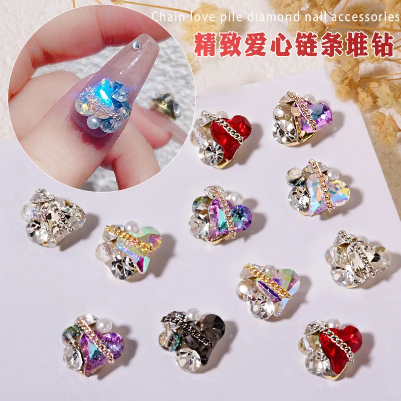 2Pcs/Lot Net Red Nail Art Love Pile of Diamonds Three-dimensional Rhinestones Metal Chain Nails Crystal Diamonds Bridal Nail Art