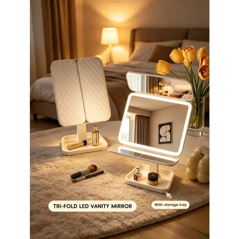 New Trifold LED Makeup Mirror with Smart Complementary Fill Light Dimmable Portable Vanity for Dorm Bedroom Travel Cool and Warm