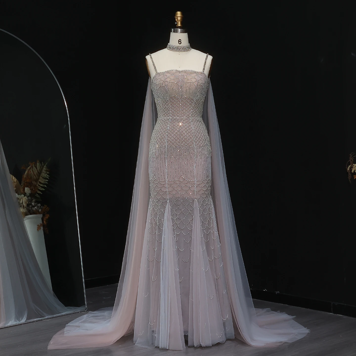 Sharon Said Elegant Beaded Lotus Pink Mermaid Evening Gown with Sheer Cape Choker for Women Wedding Party Dress SS509 Customized
