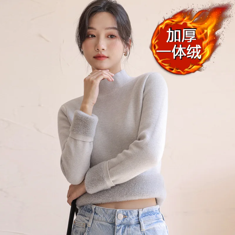 

Autumn and Winter Plush Thickened 2025 Fashionable Western Style Bottom Knitted Sweater Half High Neck Sweater