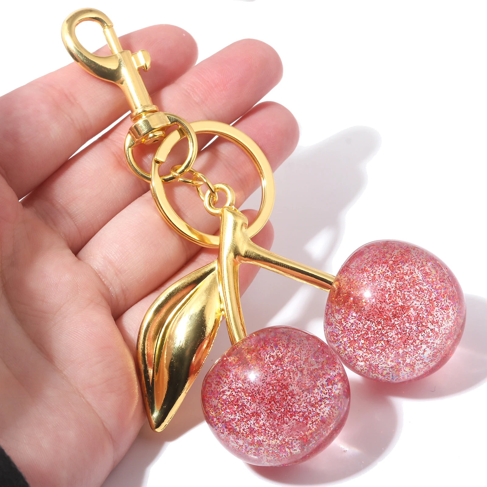 Delicious Exquisite Cherry Crystal Fruit Bag Charm Keychain Pink Cherry Keyring for Elegant Women Jewelry Accessories Gift