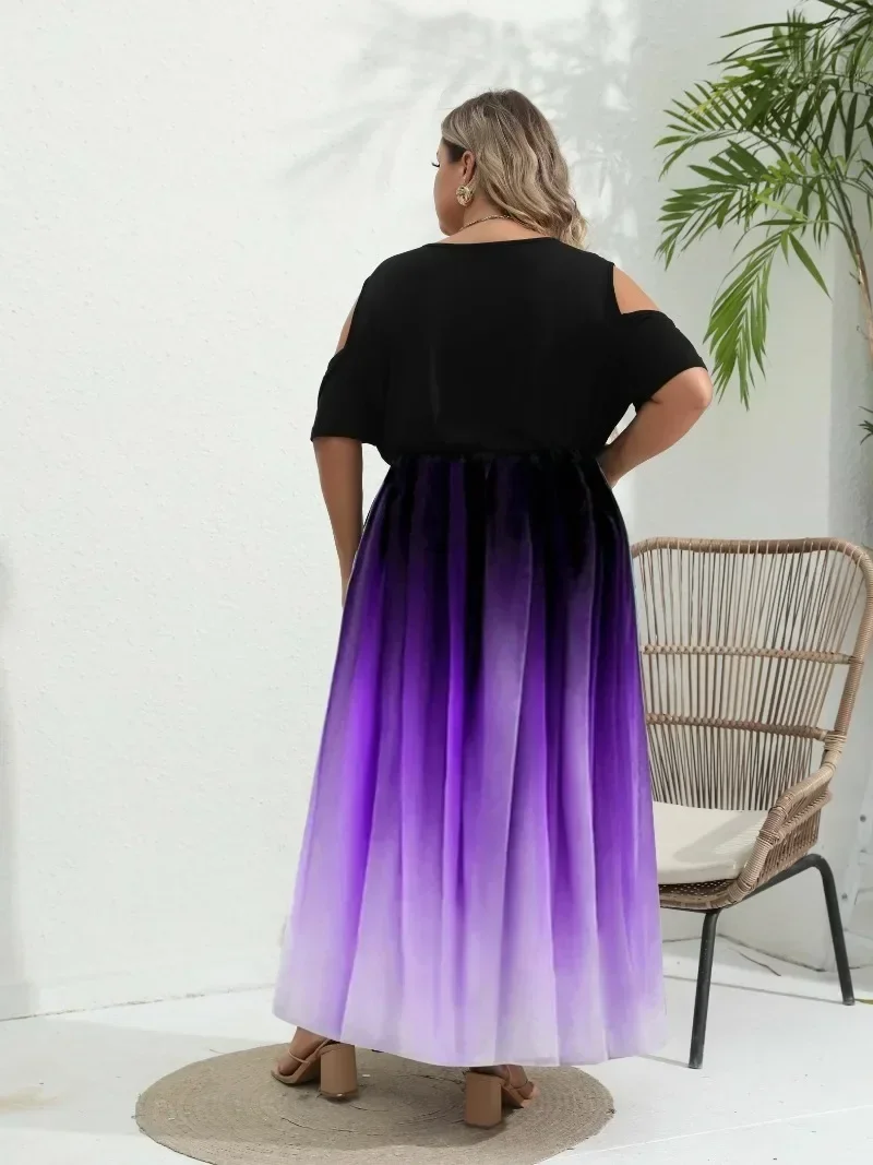 Sukienka damska Plus Size 1XL-8XL Sukienka z nadrukiem gradientowym Sukienka z odkrytymi ramionami Długa sukienka balowa Obcisły top i luźny dół