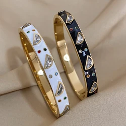 Greatera Luxury Inlaid Zircon Charm Stainless Steel Bracelets Bangles for Women White Black Enamel Gold Plated Bracelet Jewelry