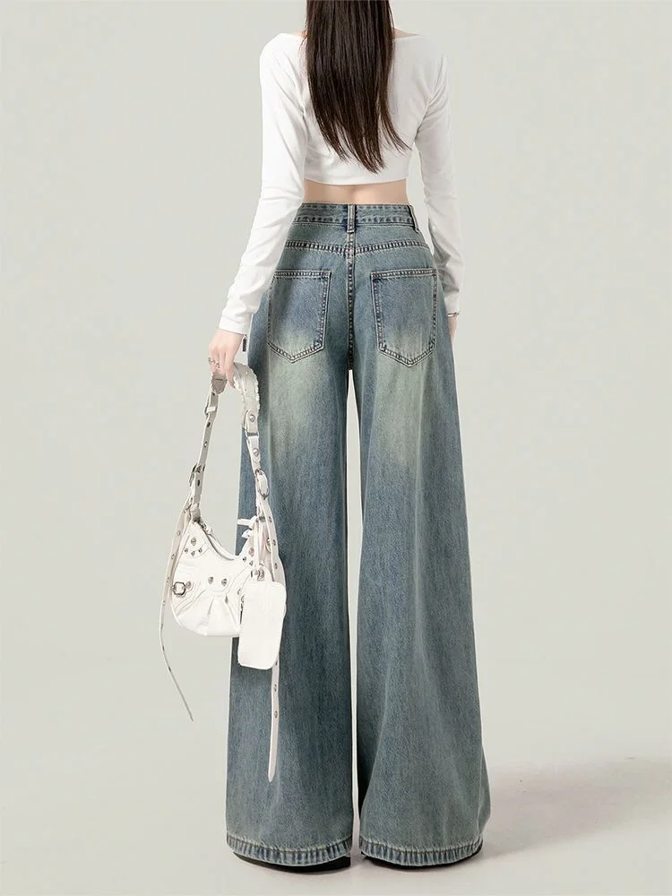 حجم كبير الجينز الأمريكي الرجعية المرأة سليم مستقيم فضفاض بنطال ذو قصة أرجل واسعة عالية الخصر لباس غير رسمي الخريف جديد Sle