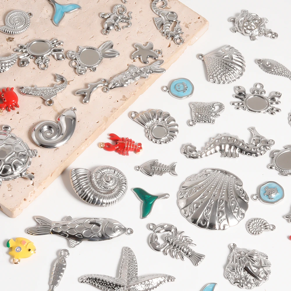 Cute Beach Charm 304 Stainless Steel Ocean Living Assorted Pendant Different Sizes Shark Fish Tail Koi Fish Lobster Chic Charms