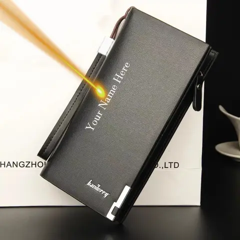 Personalized Engraved Name Men's Leather Long Wallet Zipper Clutch Style Multi-Card Compartments Card holder Fashion Men's Purse