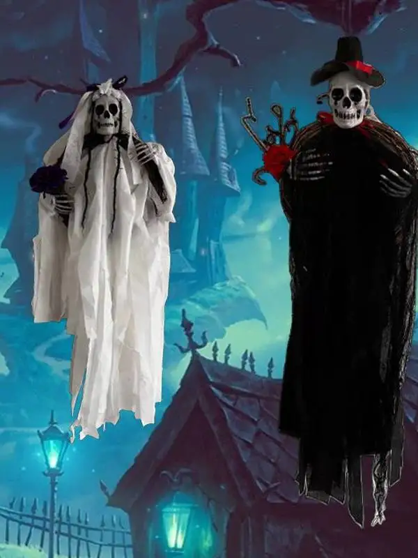 

Аксессуары для костюмов на Хэллоуин: черно-белые подвесные черепа и призраки, тематика смерти. Китайский производитель, без зарегистрированного бренда.