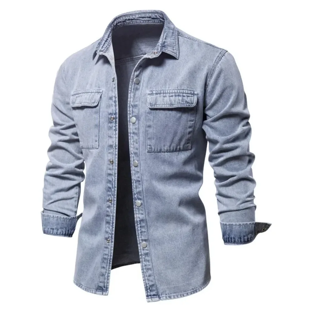 

New Men Turn Down Collar Denim Coats Jacket Single Breasted Full Sleeve Casual Regular Coat Splice Autumn Spring Simple Jackets