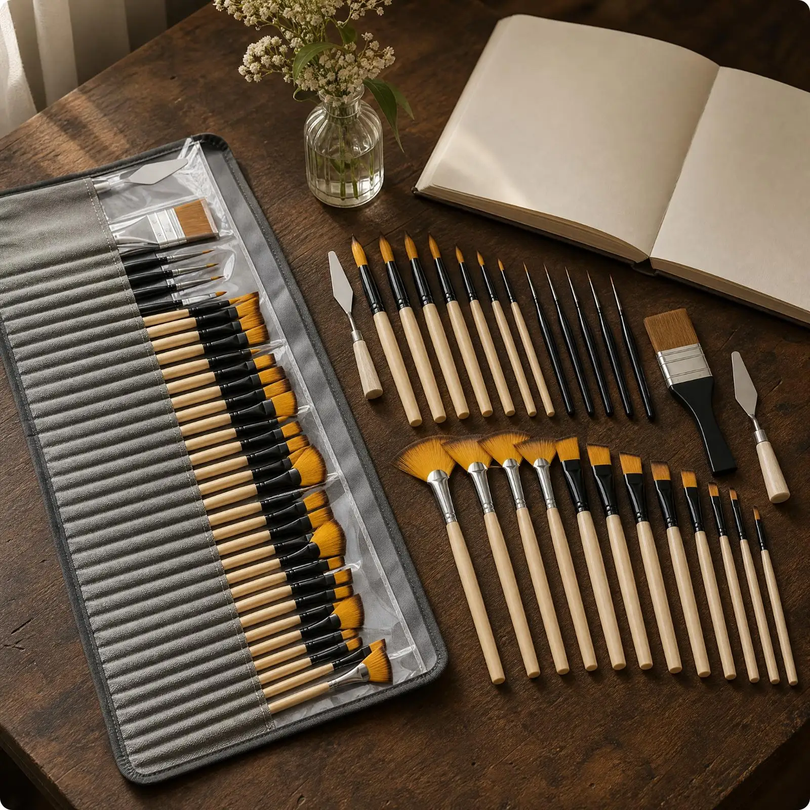 Drawing Brushes Set Watercolor Painting Tools with Roll Holder Case for Artist Students Fine Detail Liner Flat Round Angled Fan