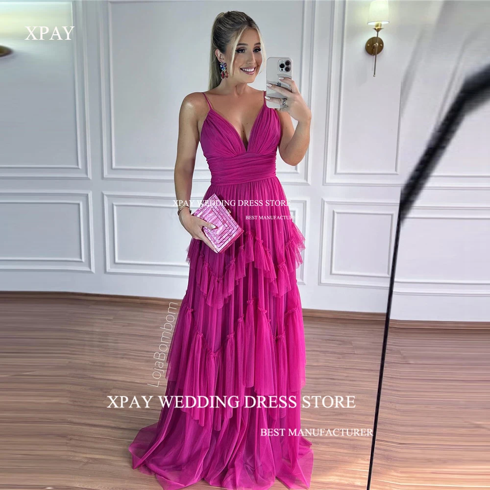 

XPAY Sexy Spaghetti Straps Purple Tulle Tiered Evening Dresses Formal Party Dress Floor Length Prom Gowns Wedding Guest Dress