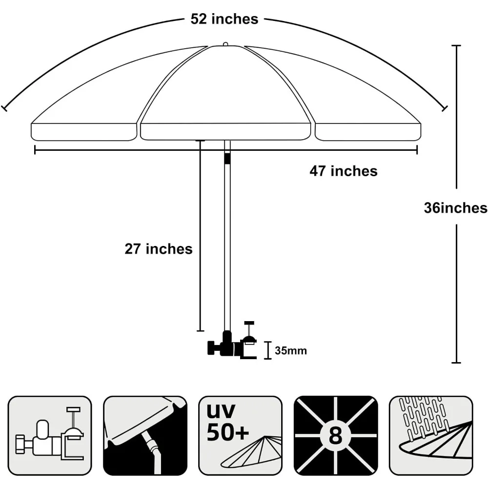 Ombrello per sedia AMMSUN XL con morsetto universale 52 pollici e girevole a 360 gradi UPF 50 +, morsetto portatile sul campeggio