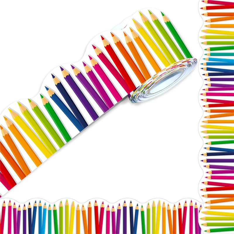 Hot Sale 1 Roll 59Ft Self Adhesive Bulletin Board Borders Scalloped Border Trim With Pencil Patterns For Classroom Office Decor