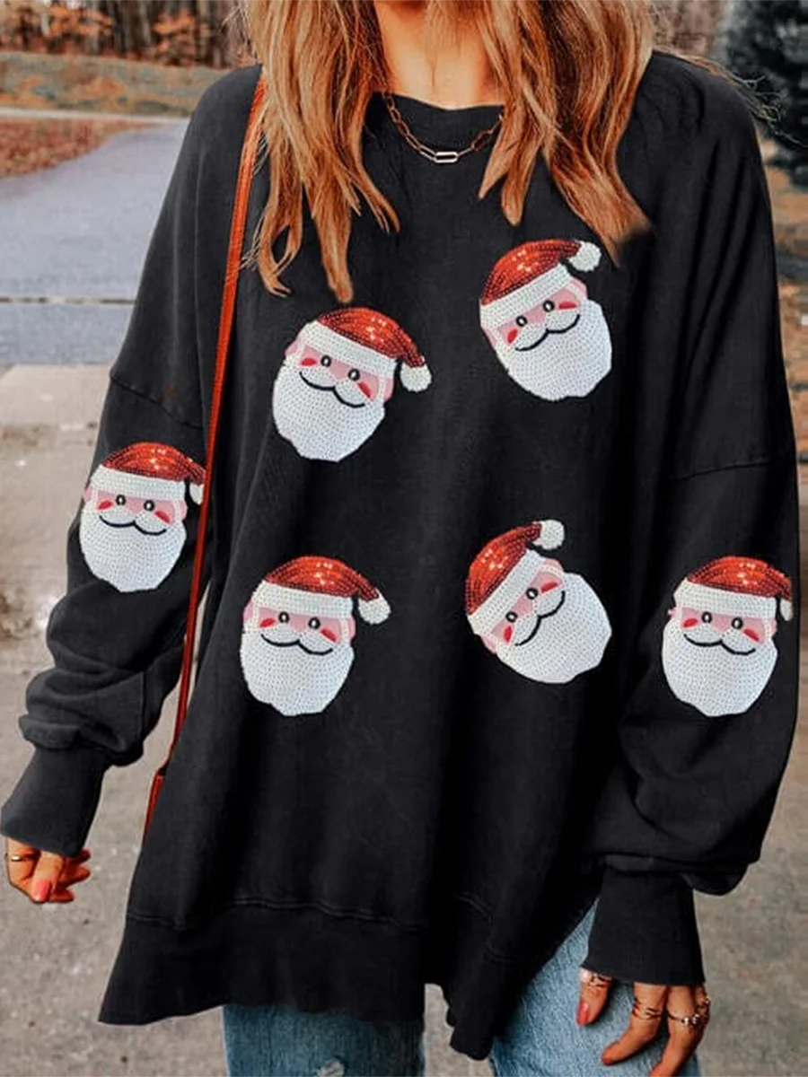 Nueva moda mujer Navidad sudaderas sueltas lentejuelas Santa cuello redondo manga larga jerseys Otoño Invierno Casual Tops S-XL