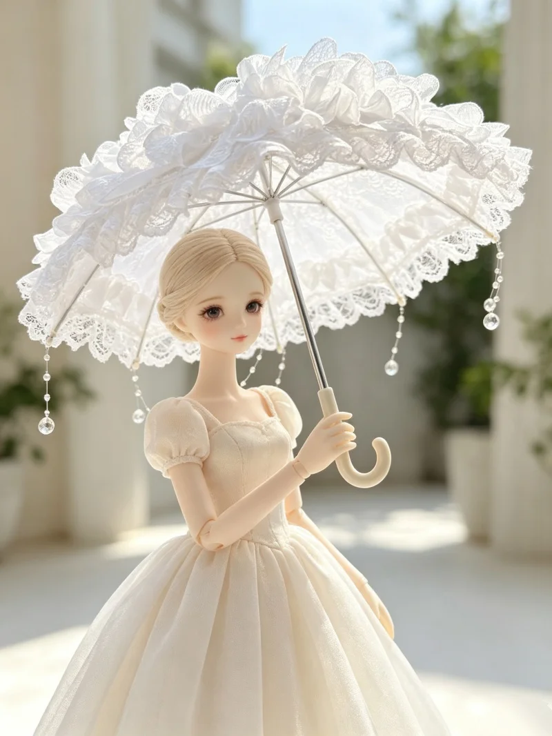 BJD doll accessories - suitable for 1/3 and 1/4 size. Openable long-handled lace small umbrella props for display