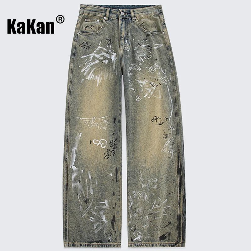 Kakan - New Men's Graffiti Hand-painted Distressed Jeans, Y2k Men's Loose Wide Leg Straight Leg Long Jeans Jeans Jeans Man Brand