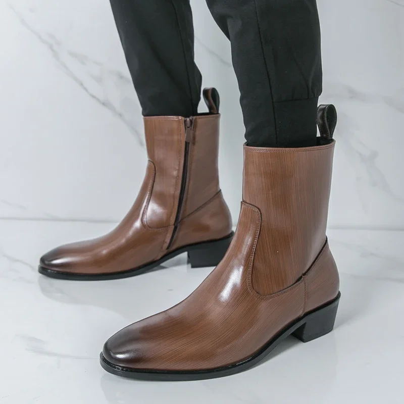Fashionable New Men's Pointed Brushed Color Side Zipper High Top Boots British Men's Comfortable Anti Slip Chelsea Outdoor Boots