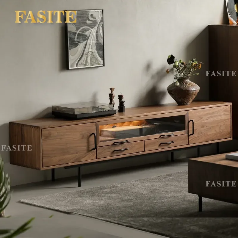 for North American Black Walnut TV Cabinet Combination Nordic Simple Floor to Ceiling All Solid Wood Home Minimalist Against