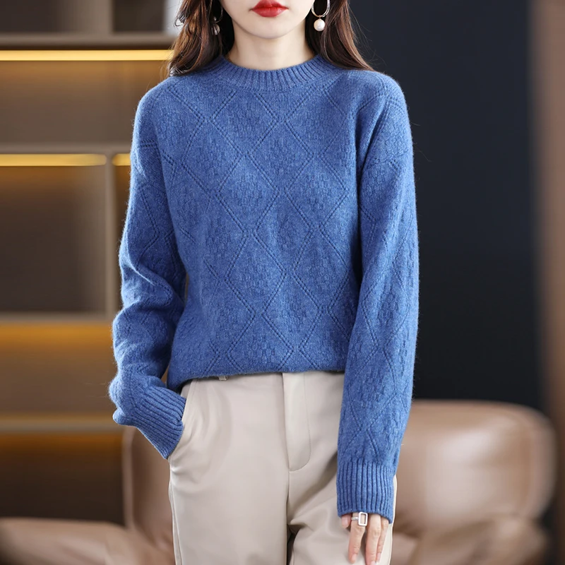 Women's 100% pure wool sweater round neck pullover high-quality knitted warm basic soft top thick new fashion autumn and winter