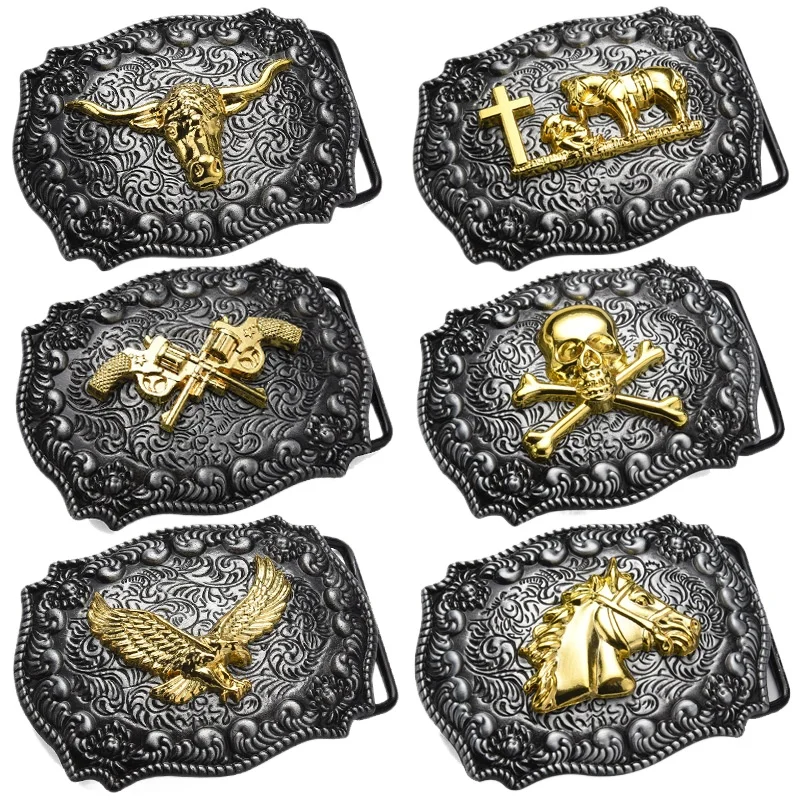 Belt head wholesale fashion trend small pattern baseplate cover bull head punk skull buckle western style belt buckle 3.8cm