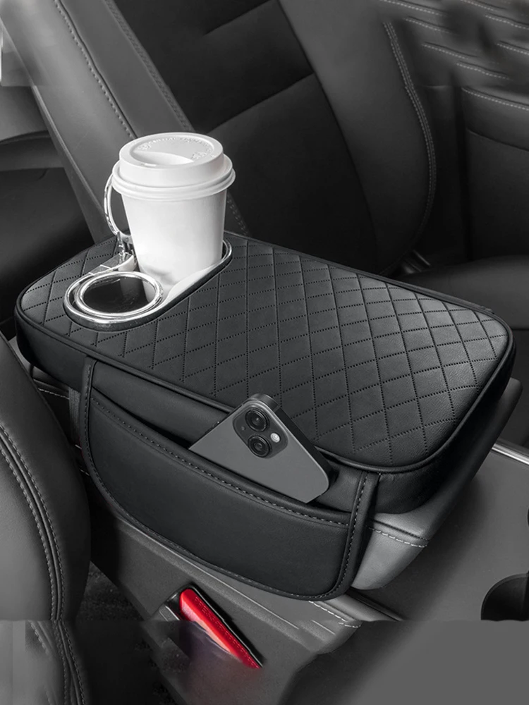 Car Armrest Box Height Pad Center Console Armrest Cushion Multi-Functional Cup Holder Side Pocket PU Leather Protective Rest Pad