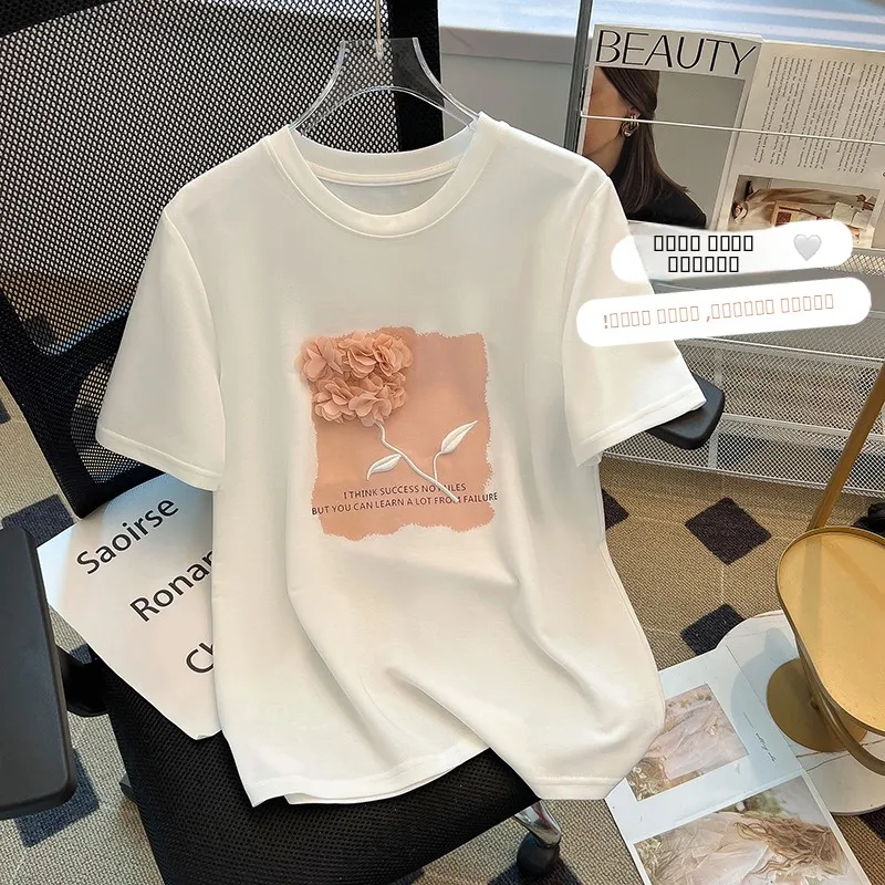 

Women's Loose Fit ort Sve T-irt Pure Cotton Casual Top Summer 2024 Design Sensation 3D Flower Print round Ne Basic S...