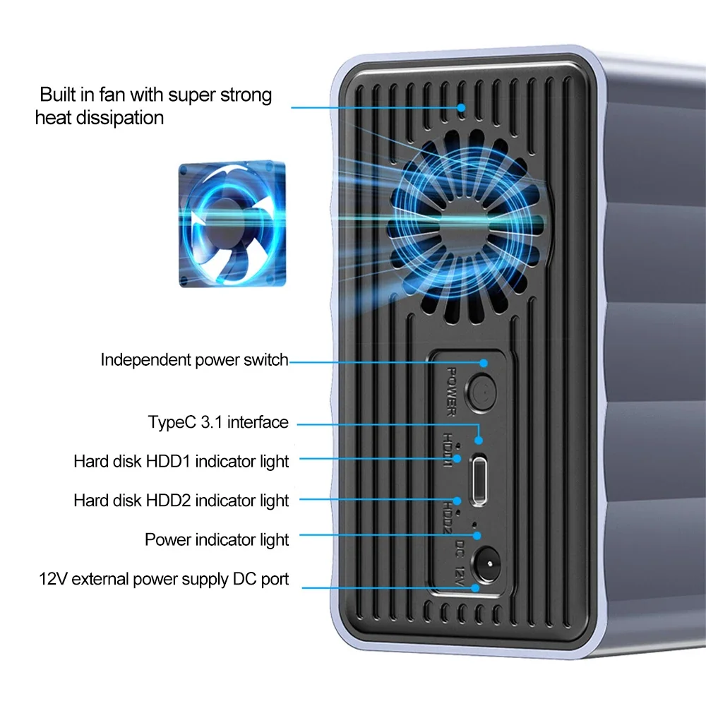 Dual Bay HDD/SSD Case SATA 4 RAID Modes Storage Enclosure Hard Drive Docking Station for 2.5/3.5 Inch External Hard Drive Case
