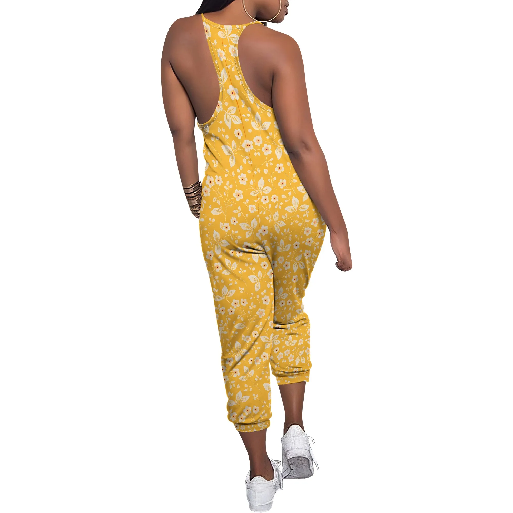 Estate nuova tuta da donna elastica allentata stampata multicolore con scollo a V profondo senza maniche tracolla sottile con tracolla e tasca