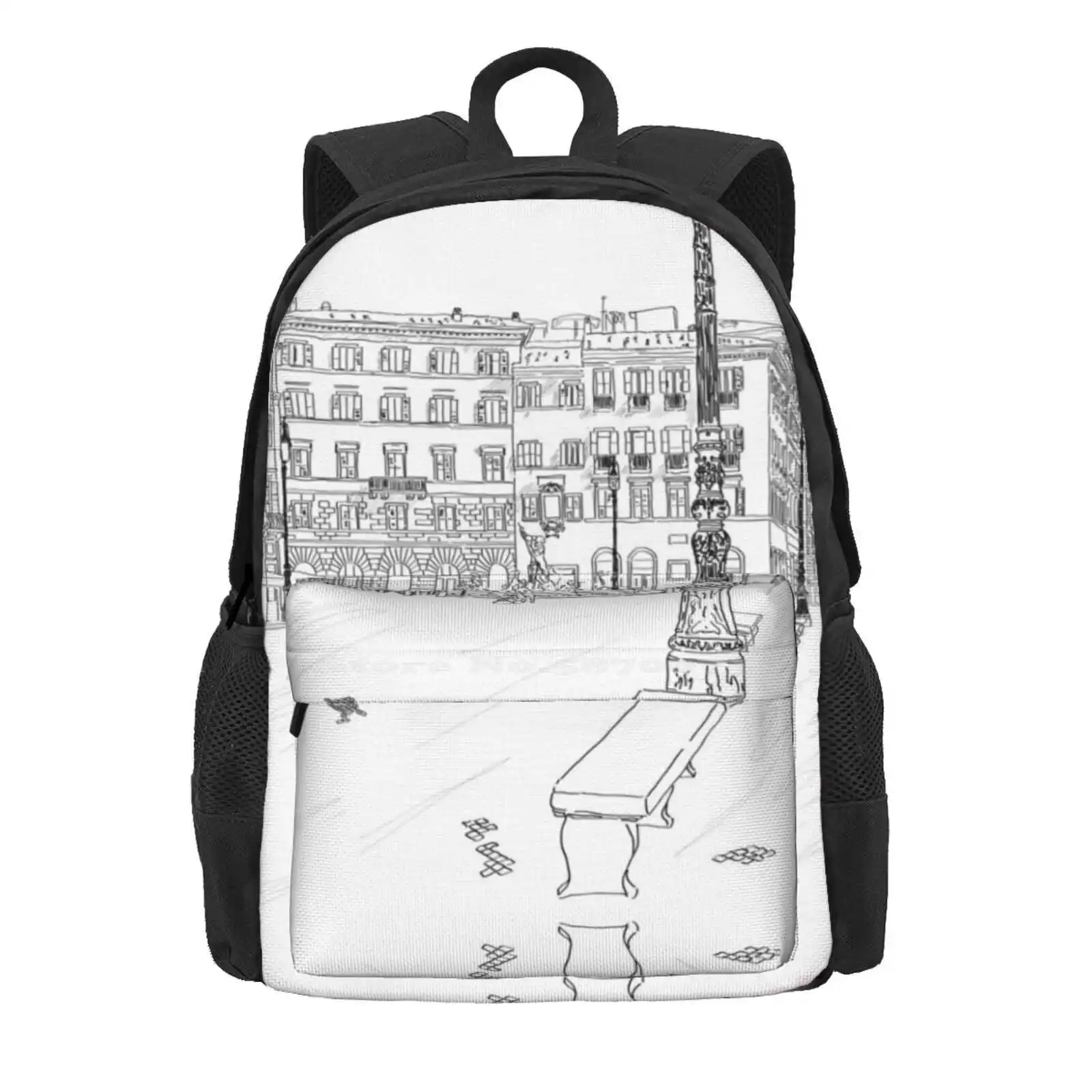 Black And White Sketch Of The Square. Hot Sale Schoolbag Backpack Fashion Bags Sketch Square Black And White Freehand Drawing