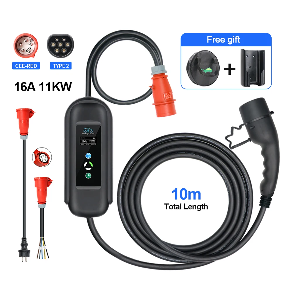 KOLANKY 16A 11KW draagbare EV-oplader Wallbox Type 2 IEC-62169 standaard oplaadtimer voor elektrisch voertuig hybride auto's kabel 10M