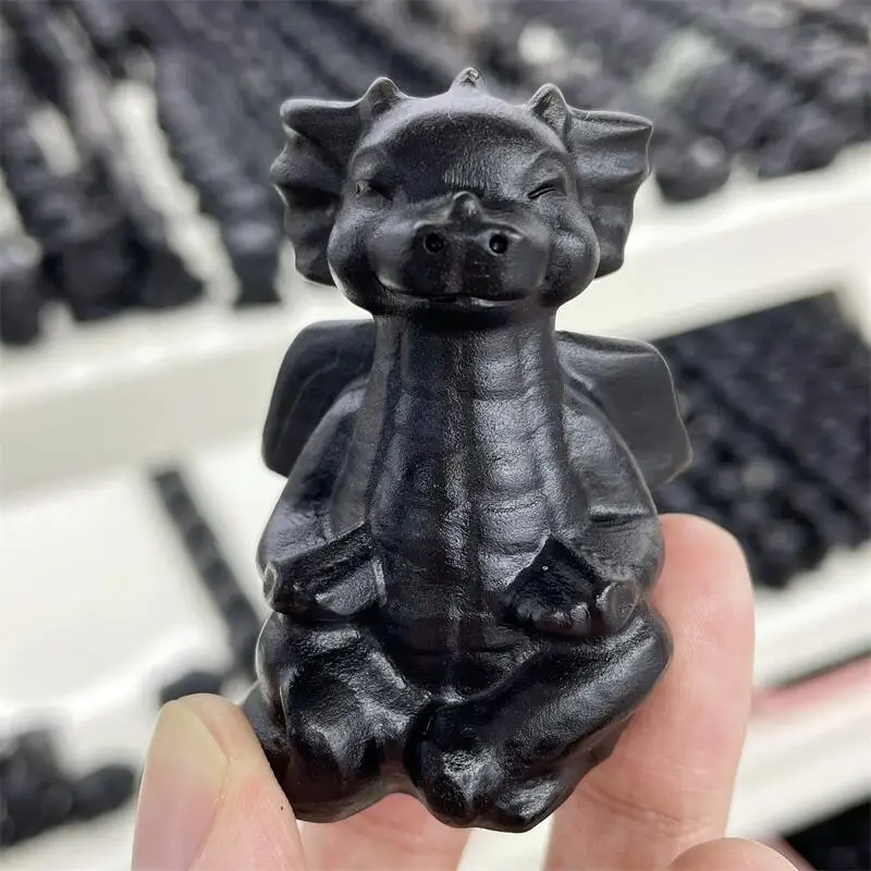 

Natural Black Obsidian Dragon Cartoon Animal Crystal Healing Home Feng Shui Christmas Decoration Gemstone Birthday Present 1pcs
