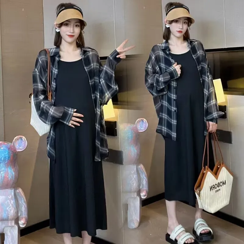 

2024 Summer Maternity Clothes Set Long Sleeve Plaid Shirts+nursing Sundress Twinset Pregnant Woman Breastfeeding Dresses Suits