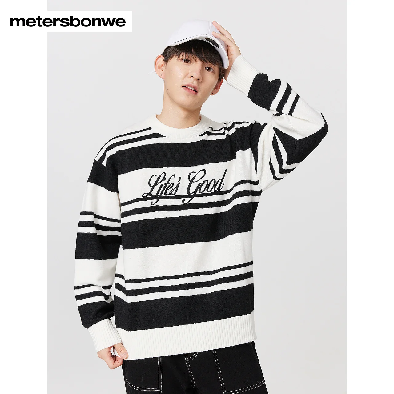 

Metersbonwe-Men Crewneck Long Sleeve Jumper Stripe Letter Embroidered Sweater Stylish Color Clash Pullover Casual Youth Winter