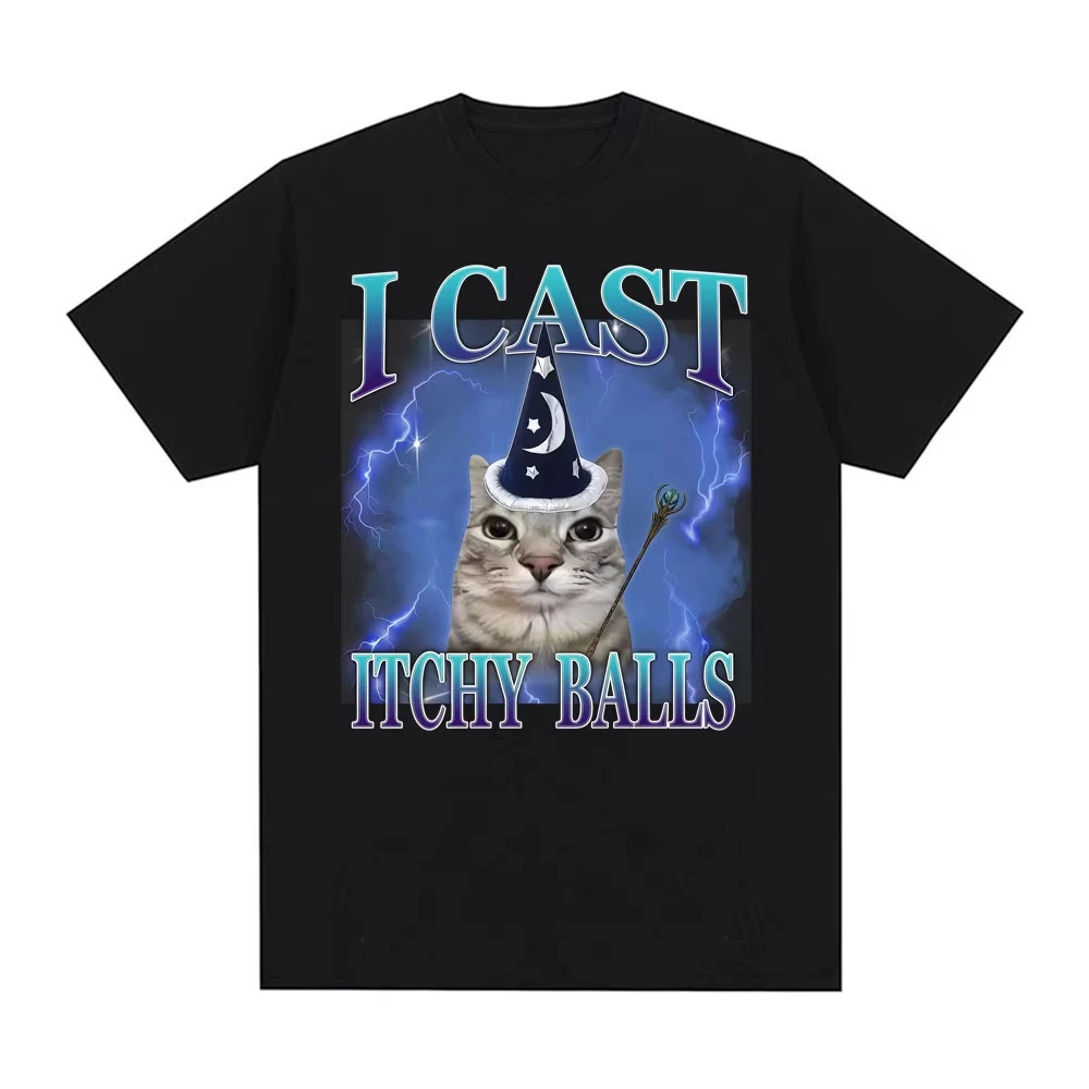 Wizard Cat Funny Meme Tee I Cast Itchy Balls Kitten Print T-shirt Men Women Clothing Fashion T Shirt Summer 100% Cotton T Shirts