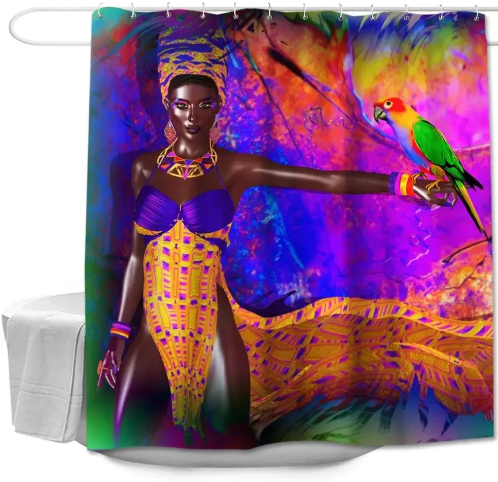 Colorful Star African Woman & Parrot Design Shower Curtain Set Bath Décor